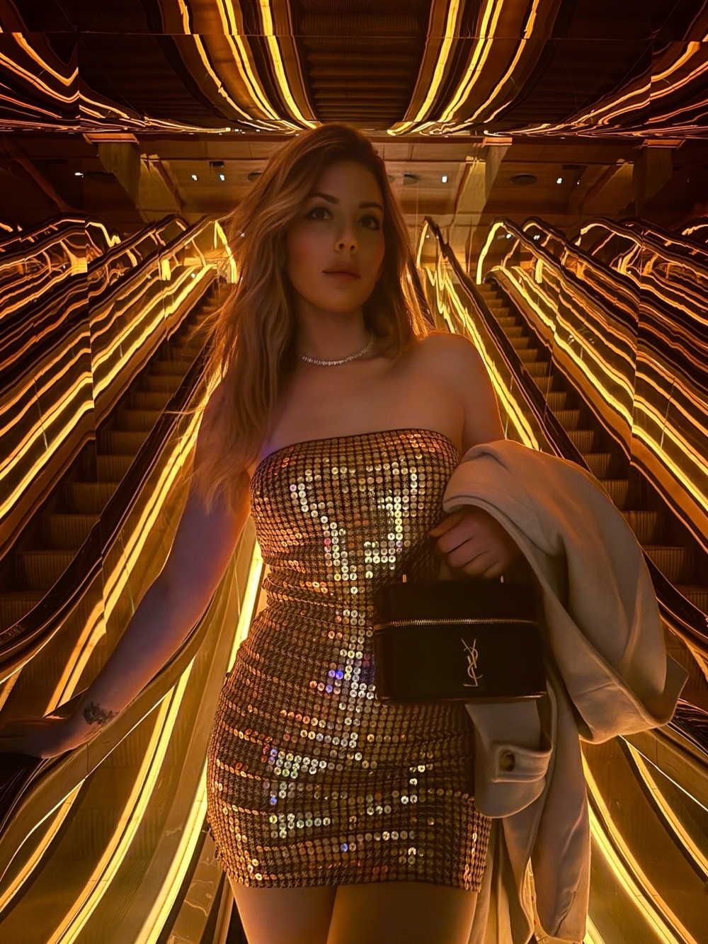 PrettyLittleThing Lori Harvey GOLD SHEER SEQUIN BANDEAU BODYCON DRESS
